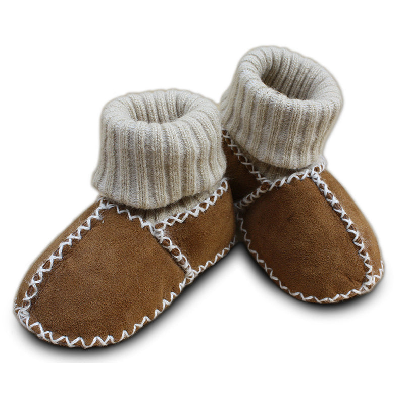 Baby Lammfellschuhe mit Strickbündchen - camel